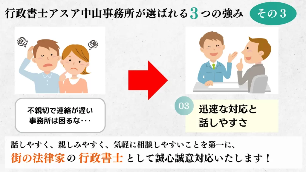 行政書士アスア中山事務所が選ばれる３つの強みその３ー話しやすく、親しみやすく、気軽に相談しやすいことを第一に、街の法律家の行英書士として誠心誠意対応いたします！